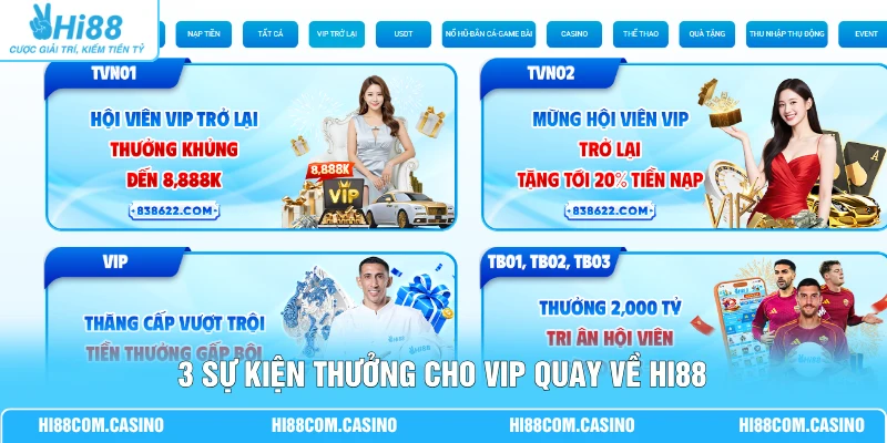 Khuyến Mãi VIP Trở Lại - Hi88 Tặng Lên Tới 20% Tiền Nạp 3 3 sự kiện thưởng cho VIP quay về Hi88