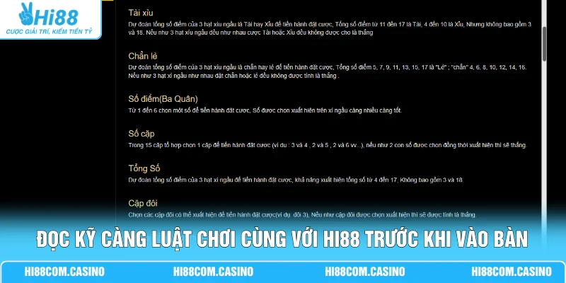Tài Xỉu - Sicbo Với 3 Viên Xúc Xắc Và 5 Nhóm Cửa Cược 2 Đọc kỹ càng luật chơi cùng với Hi88 trước khi vào bàn